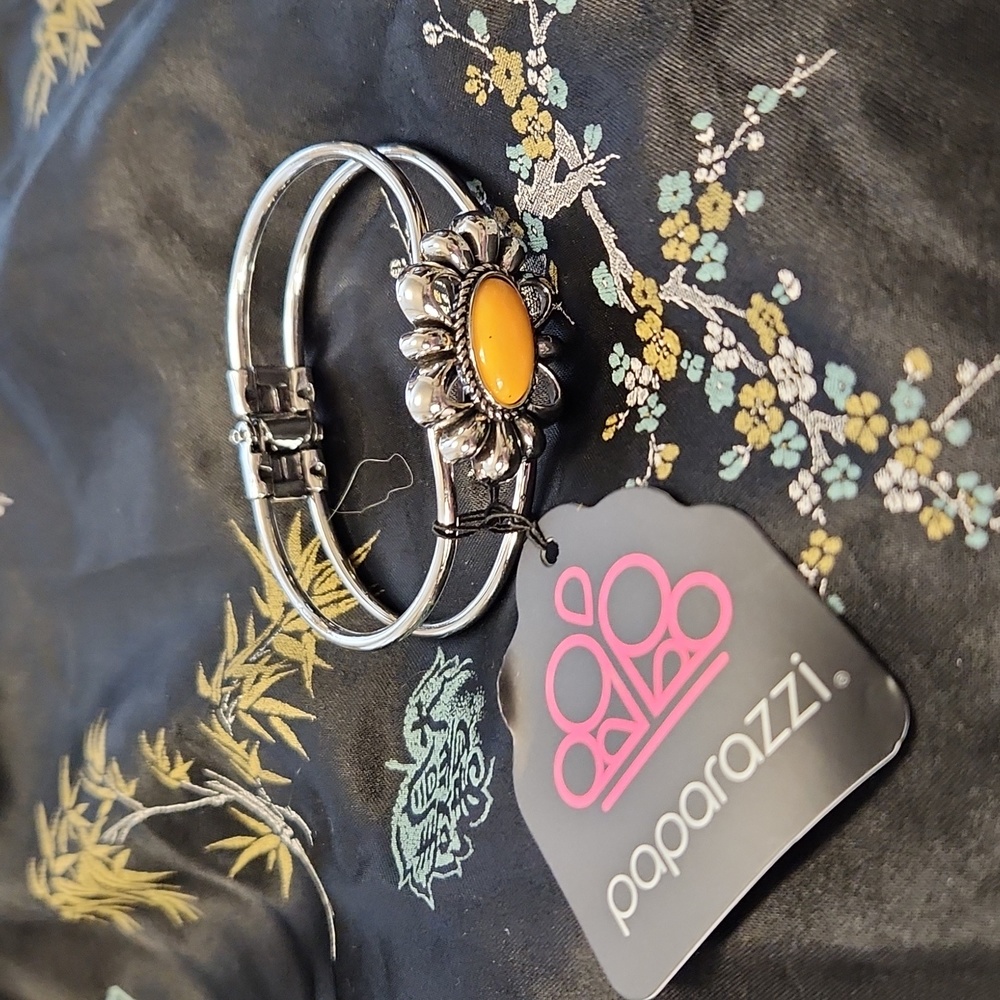 Silvertone Flower with Orange Stone